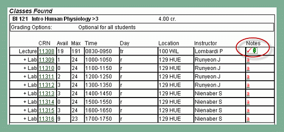 Example "Classes found" results page with the Notes column and Fees icon circled